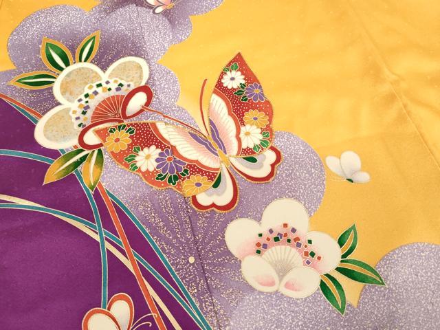 平和屋着物[]七五三　女の子　７歳　祝着　四つ身　長襦袢セット　駒刺繍　舞蝶梅文　金彩　逸品　AABH2869ja