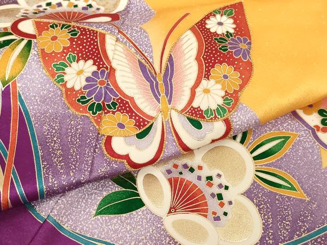 平和屋着物[]七五三　女の子　７歳　祝着　四つ身　長襦袢セット　駒刺繍　舞蝶梅文　金彩　逸品　AABH2869ja