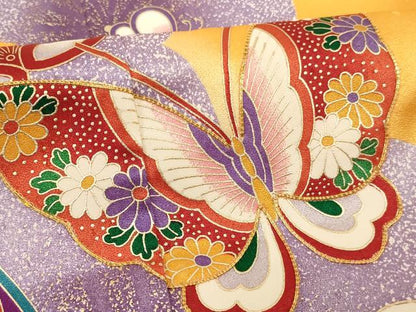 平和屋着物[]七五三　女の子　７歳　祝着　四つ身　長襦袢セット　駒刺繍　舞蝶梅文　金彩　逸品　AABH2869ja