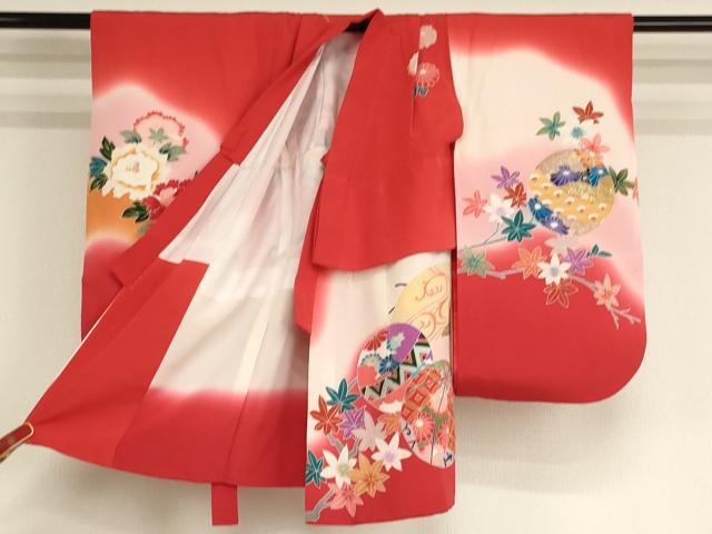 平和屋着物[]七五三　女の子　３歳　祝着　一つ身　長襦袢セット　花車文　暈し染め　金彩　正絹　逸品　AABH2872ja
