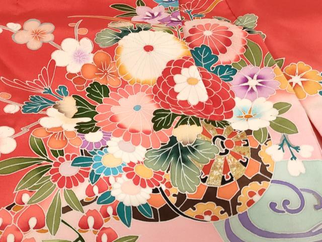 平和屋着物[]七五三　女の子　３歳　祝着　一つ身　長襦袢セット　花車文　暈し染め　金彩　正絹　逸品　AABH2872ja