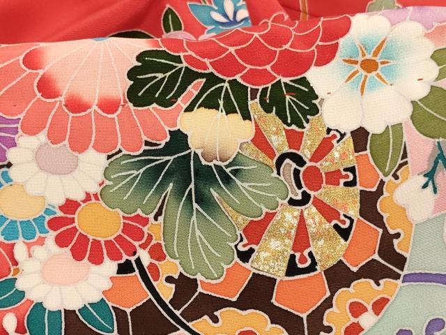 平和屋着物[]七五三　女の子　３歳　祝着　一つ身　長襦袢セット　花車文　暈し染め　金彩　正絹　逸品　AABH2872ja