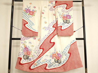平和屋着物∵女の子　十三参り　子供　祝着　総絞り　花車文　正絹　逸品　AABH2873ja