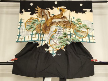平和屋着物[]お宮参り　男の子　祝着　産着　初着　のしめ　刺繍　鷹　人物風景丸文　金銀糸　金彩　逸品　AABH2876ja
