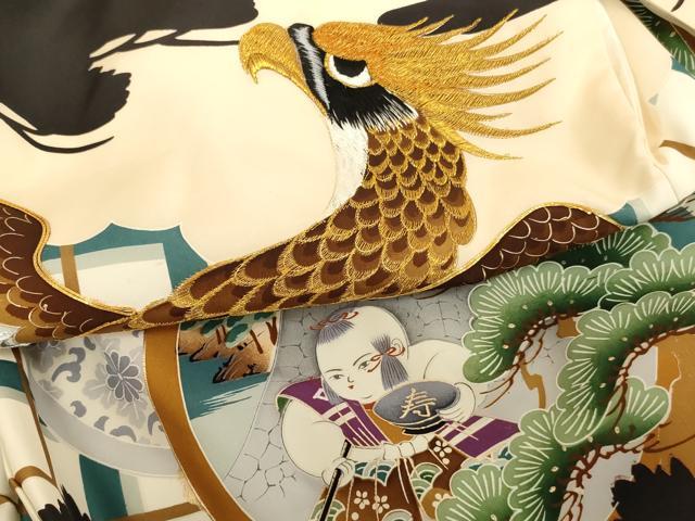平和屋着物[]お宮参り　男の子　祝着　産着　初着　のしめ　刺繍　鷹　人物風景丸文　金銀糸　金彩　逸品　AABH2876ja
