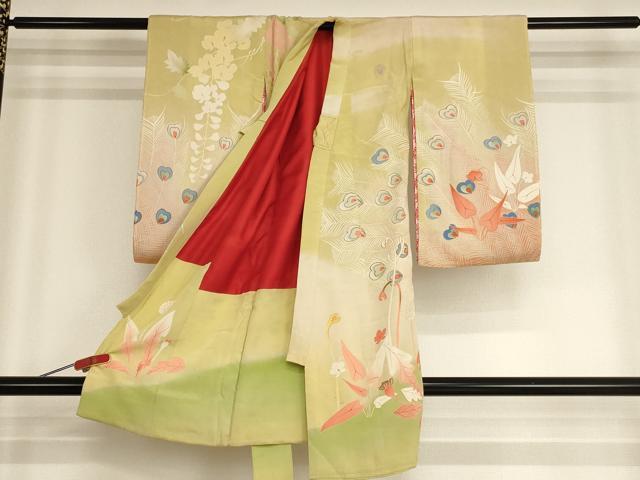 平和屋着物[]アンティーク　大正ロマン　お宮参り　女の子　祝着　産着　初着　のしめ　孔雀花文　暈し染め　正絹　逸品　AABH2877ja