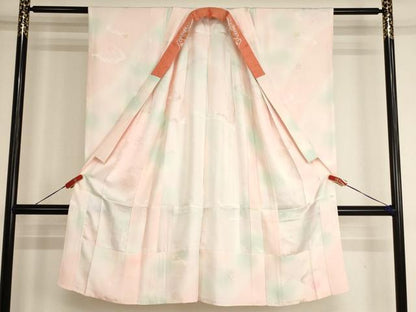平和屋着物[]子供　女の子　長襦袢　無双仕立て　雲重ね梅文　暈し染め　半衿刺繍　正絹　逸品　AABH2878ja