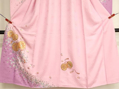 平和屋着物[]七五三　女の子　７歳　祝着　四つ身　桜鼓文　暈し染め　金銀彩　正絹　逸品　AABH2879ja