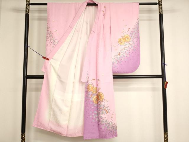 平和屋着物[]七五三　女の子　７歳　祝着　四つ身　桜鼓文　暈し染め　金銀彩　正絹　逸品　AABH2879ja