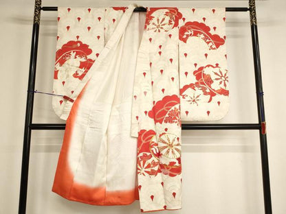 平和屋着物[]七五三　女の子　７歳　祝着　四つ身　駒刺繍　片輪車文　金彩　正絹　逸品　AABH2880ja
