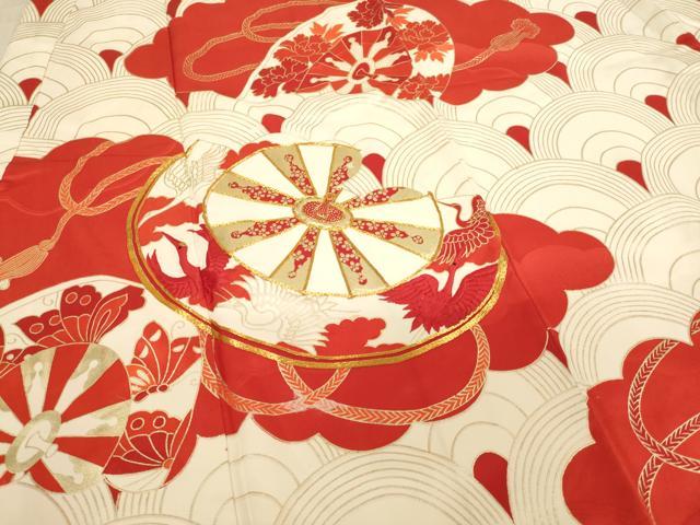 平和屋着物[]七五三　女の子　７歳　祝着　四つ身　駒刺繍　片輪車文　金彩　正絹　逸品　AABH2880ja