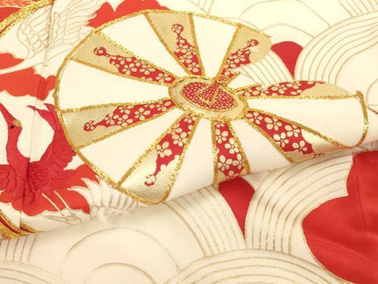 平和屋着物[]七五三　女の子　７歳　祝着　四つ身　駒刺繍　片輪車文　金彩　正絹　逸品　AABH2880ja