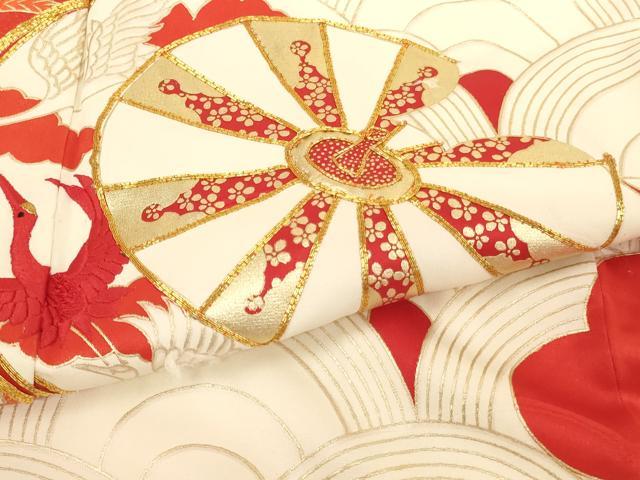 平和屋着物[]七五三　女の子　７歳　祝着　四つ身　駒刺繍　片輪車文　金彩　正絹　逸品　AABH2880ja