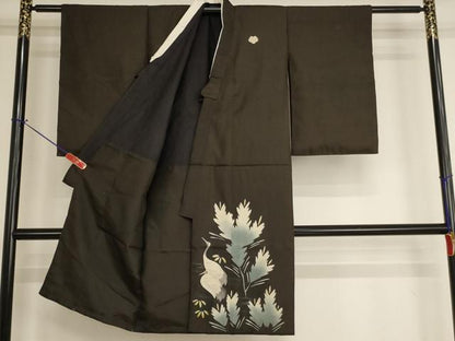 平和屋着物[]アンティーク　大正ロマン　七五三　男の子　3歳　祝着　群鶴草木文　黒地　正絹　逸品　AABH2882ja