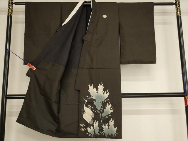 平和屋着物[]アンティーク　大正ロマン　七五三　男の子　3歳　祝着　群鶴草木文　黒地　正絹　逸品　AABH2882ja