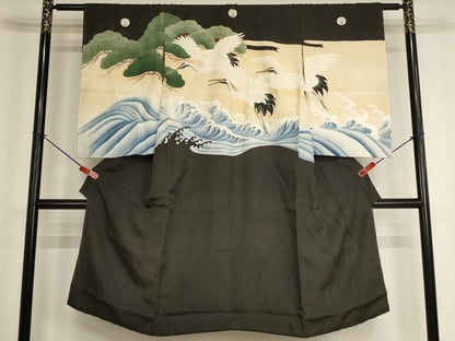 平和屋着物[]七五三　男の子　7歳　祝着　手描き　駒刺繍　飛鶴立波松文　金糸　金彩　正絹　逸品　AABH2883ja