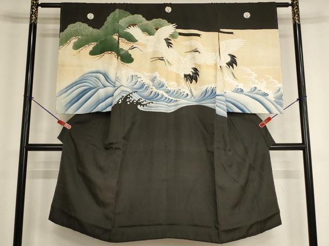 平和屋着物[]七五三　男の子　7歳　祝着　手描き　駒刺繍　飛鶴立波松文　金糸　金彩　正絹　逸品　AABH2883ja