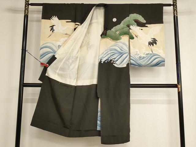 平和屋着物[]七五三　男の子　7歳　祝着　手描き　駒刺繍　飛鶴立波松文　金糸　金彩　正絹　逸品　AABH2883ja