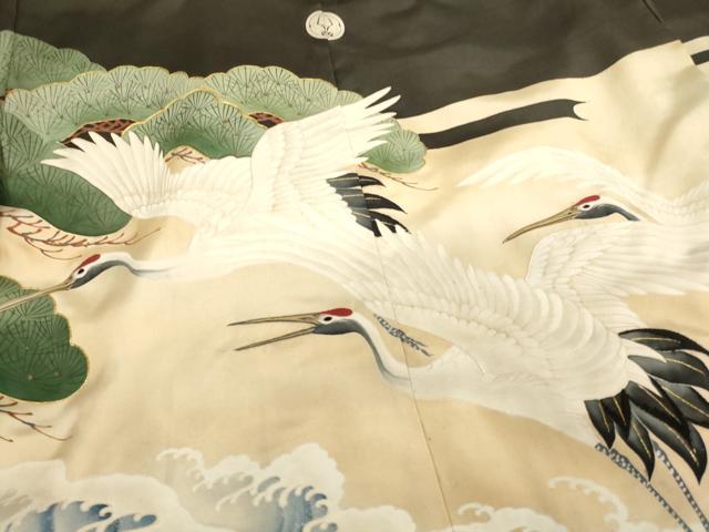 平和屋着物[]七五三　男の子　7歳　祝着　手描き　駒刺繍　飛鶴立波松文　金糸　金彩　正絹　逸品　AABH2883ja