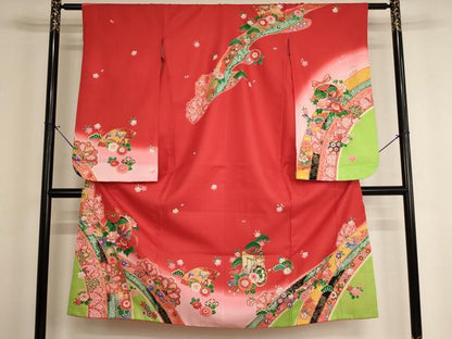 平和屋着物[]七五三　女の子　７歳　祝着　四つ身　飛鶴鈴花文　暈し染め　金彩　AABH2890ja