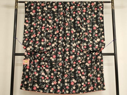 平和屋着物[]七五三　女の子　７歳　祝着　四つ身　枝垂れ桜文　黒地　金彩　洗える着物　未使用　AABH2894ja