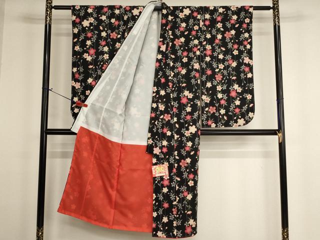 平和屋着物[]七五三　女の子　７歳　祝着　四つ身　枝垂れ桜文　黒地　金彩　洗える着物　未使用　AABH2894ja