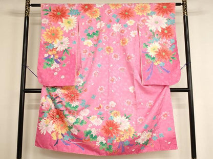 平和屋着物[]七五三　女の子　７歳　祝着　四つ身　刺繍　飾花文　いちご　暈し染め　金糸　金彩　未使用　AABH2895ja