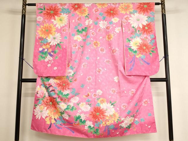 平和屋着物[]七五三　女の子　７歳　祝着　四つ身　刺繍　飾花文　いちご　暈し染め　金糸　金彩　未使用　AABH2895ja