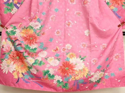 平和屋着物[]七五三　女の子　７歳　祝着　四つ身　刺繍　飾花文　いちご　暈し染め　金糸　金彩　未使用　AABH2895ja