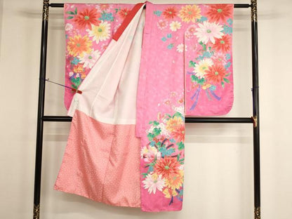 平和屋着物[]七五三　女の子　７歳　祝着　四つ身　刺繍　飾花文　いちご　暈し染め　金糸　金彩　未使用　AABH2895ja
