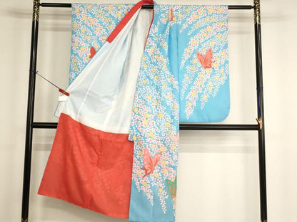 平和屋着物[]七五三 女の子 ７歳 祝着 四つ身 舞蝶枝垂れ桜文 金彩 AABH2896ja