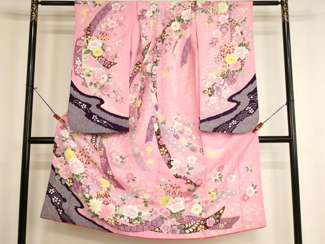 平和屋着物[]七五三　女の子　７歳　祝着　四つ身　鬘帯花手毬文　金銀彩　AABH2897ja