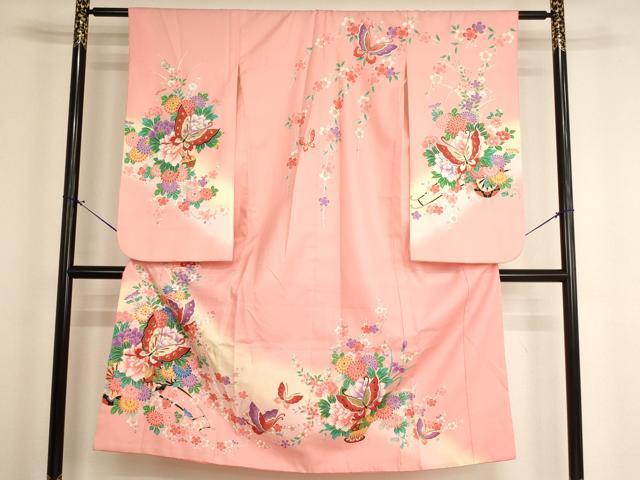平和屋着物[]七五三　女の子　７歳　祝着　四つ身　舞蝶花車文　暈し染め　金彩　正絹　逸品　AABH2898ja