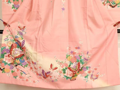 平和屋着物[]七五三　女の子　７歳　祝着　四つ身　舞蝶花車文　暈し染め　金彩　正絹　逸品　AABH2898ja