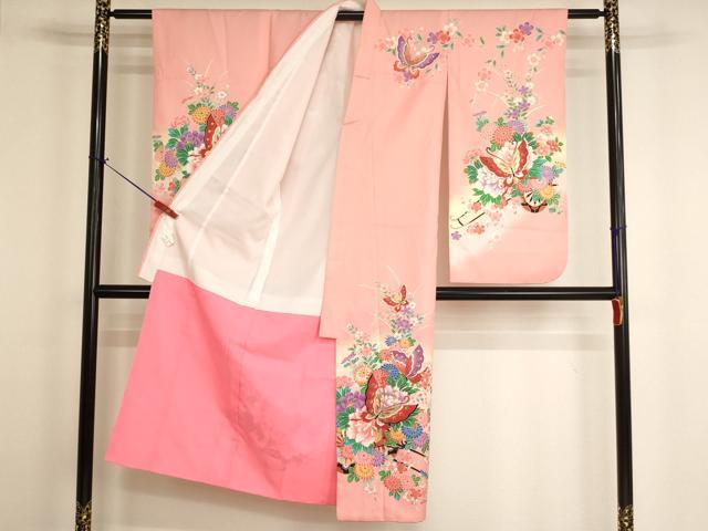 平和屋着物[]七五三　女の子　７歳　祝着　四つ身　舞蝶花車文　暈し染め　金彩　正絹　逸品　AABH2898ja