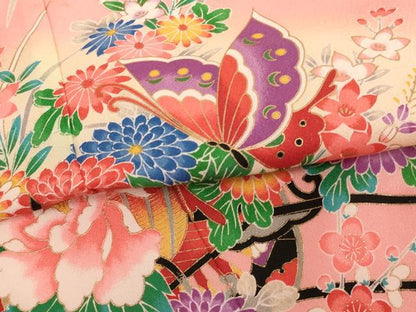 平和屋着物[]七五三　女の子　７歳　祝着　四つ身　舞蝶花車文　暈し染め　金彩　正絹　逸品　AABH2898ja