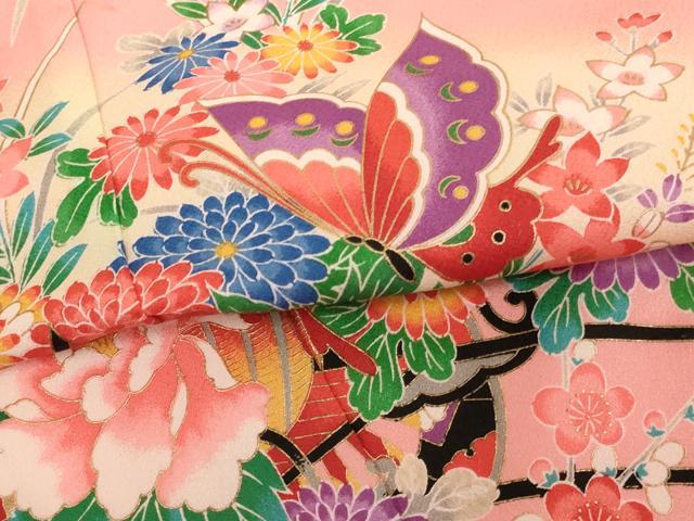 平和屋着物[]七五三　女の子　７歳　祝着　四つ身　舞蝶花車文　暈し染め　金彩　正絹　逸品　AABH2898ja