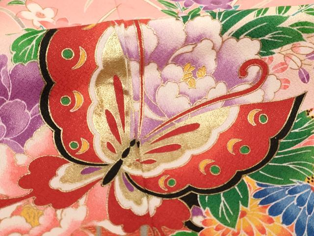 平和屋着物[]七五三　女の子　７歳　祝着　四つ身　舞蝶花車文　暈し染め　金彩　正絹　逸品　AABH2898ja