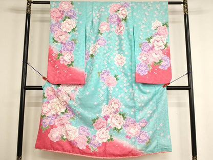 平和屋着物[]七五三　女の子　７歳　祝着　四つ身　刺繍　牡丹文　暈し染め　金彩　金糸　AABH2904ja