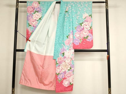 平和屋着物[]七五三　女の子　７歳　祝着　四つ身　刺繍　牡丹文　暈し染め　金彩　金糸　AABH2904ja