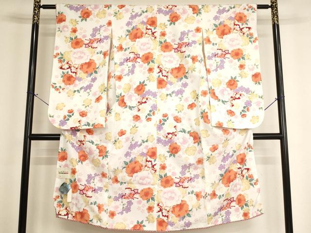 平和屋着物[]七五三　女の子　７歳　祝着　四つ身　花蝶文　未使用　AABH2905ja