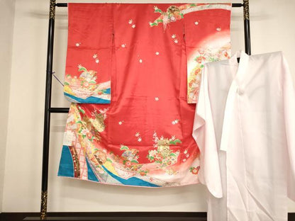平和屋着物[]七五三　女の子　７歳　祝着　四つ身　長襦袢（単衣）セット　御所車花文　暈し染め　金彩　AABH2916ja