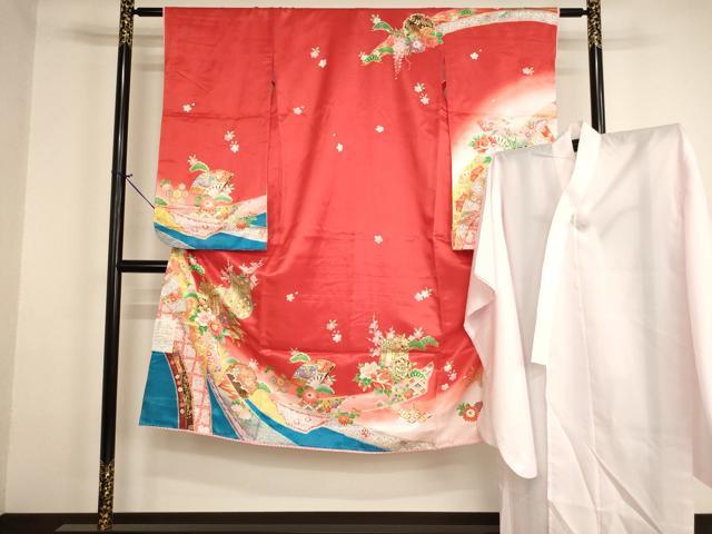 平和屋着物[]七五三　女の子　７歳　祝着　四つ身　長襦袢（単衣）セット　御所車花文　暈し染め　金彩　AABH2916ja