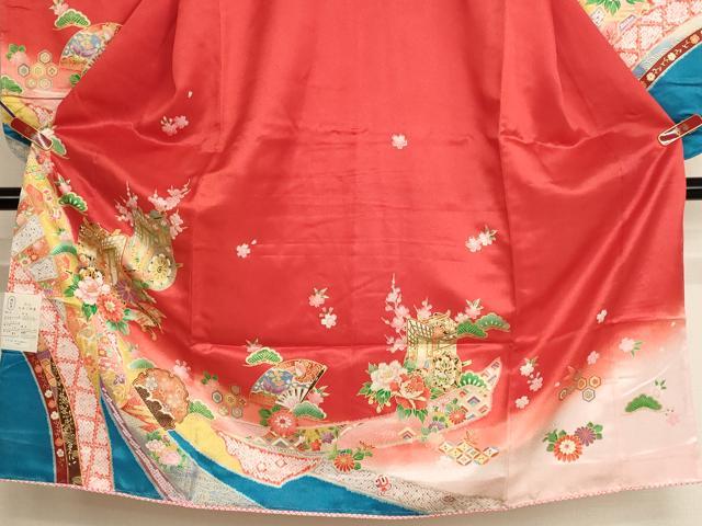 平和屋着物[]七五三　女の子　７歳　祝着　四つ身　長襦袢（単衣）セット　御所車花文　暈し染め　金彩　AABH2916ja