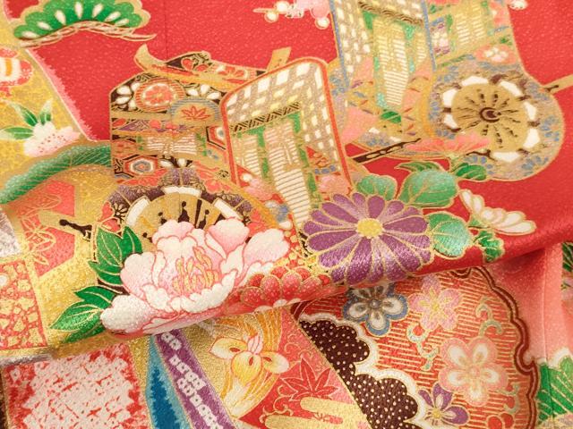 平和屋着物[]七五三　女の子　７歳　祝着　四つ身　長襦袢（単衣）セット　御所車花文　暈し染め　金彩　AABH2916ja