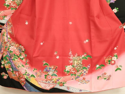 平和屋着物[]七五三　女の子　７歳　祝着　四つ身　扇面花鼓文　暈し染め　金彩　AABH2917ja