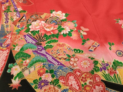 平和屋着物[]七五三　女の子　７歳　祝着　四つ身　扇面花鼓文　暈し染め　金彩　AABH2917ja