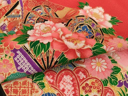 平和屋着物[]七五三　女の子　７歳　祝着　四つ身　扇面花鼓文　暈し染め　金彩　AABH2917ja