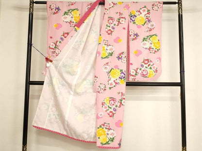 平和屋着物[]松田聖子 SEIKO MATSUDA　七五三　女の子　７歳　祝着　四つ身　長襦袢（単衣）セット　花丸文　ハート 洗える着物 AABH2919ja