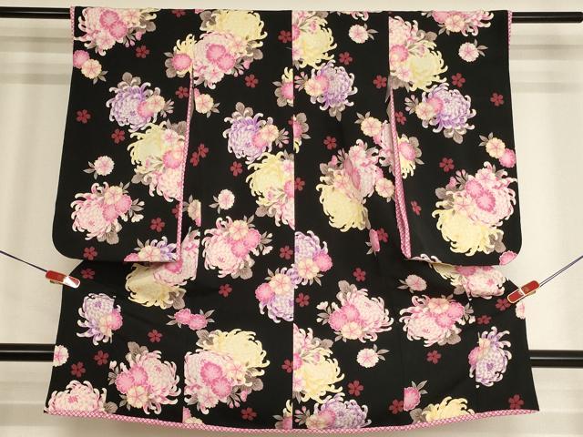 平和屋着物[]七五三　女の子　３歳　祝着　三つ身　JAPAN STYLE　菊　桜　黒地　鬼しぼ縮緬　洗える着物　AABH2923ja